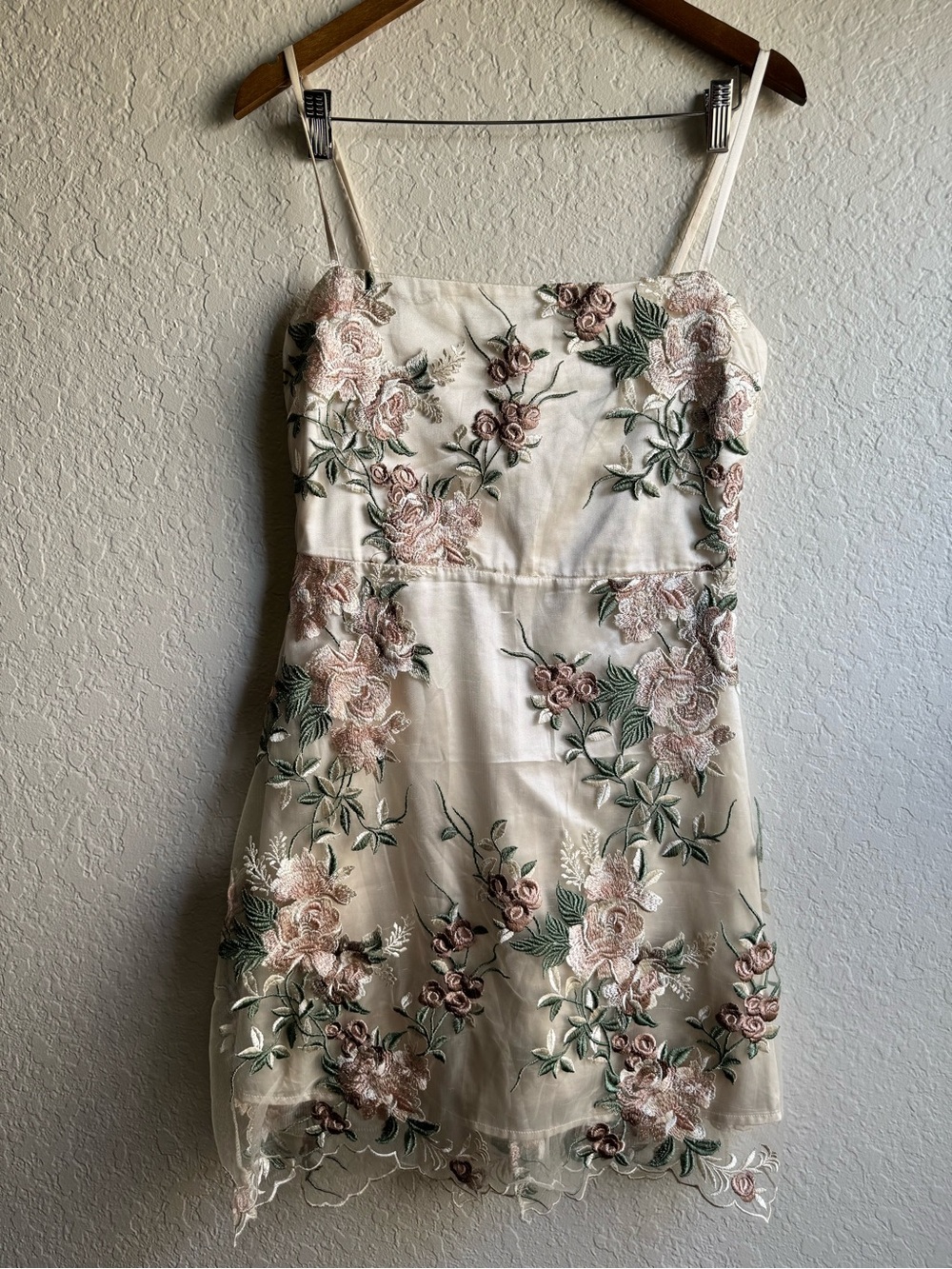 Lulus Aubrie Champagne Floral Embroidered Mini Dress - Size M
